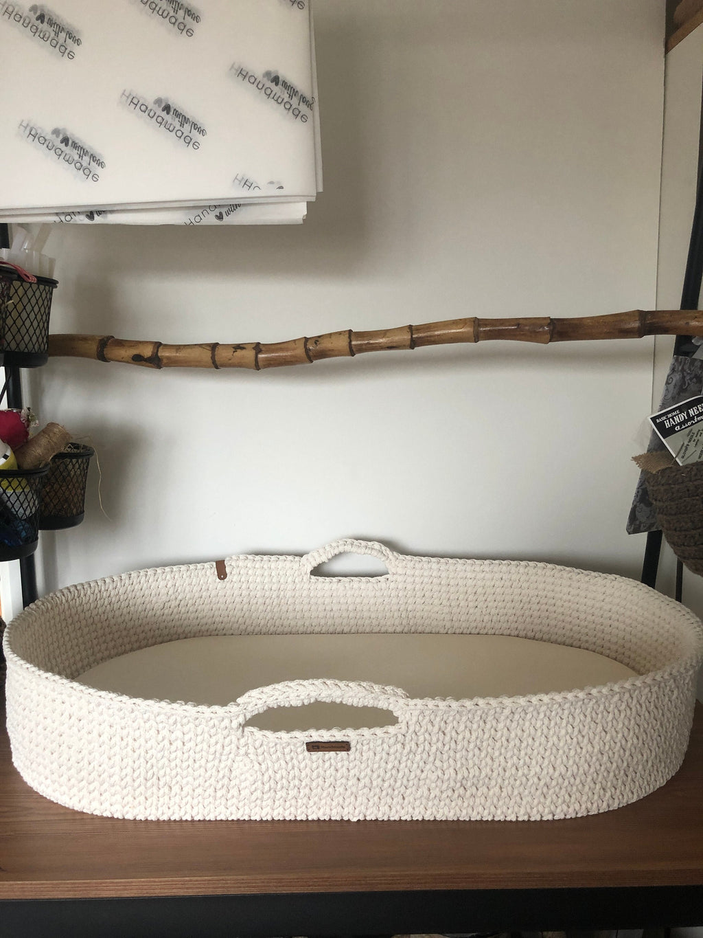 Baby Changing Basket; Wood Bottom and Cotton Frame; Change Pad; Baby Basket; Baby Shower Gift