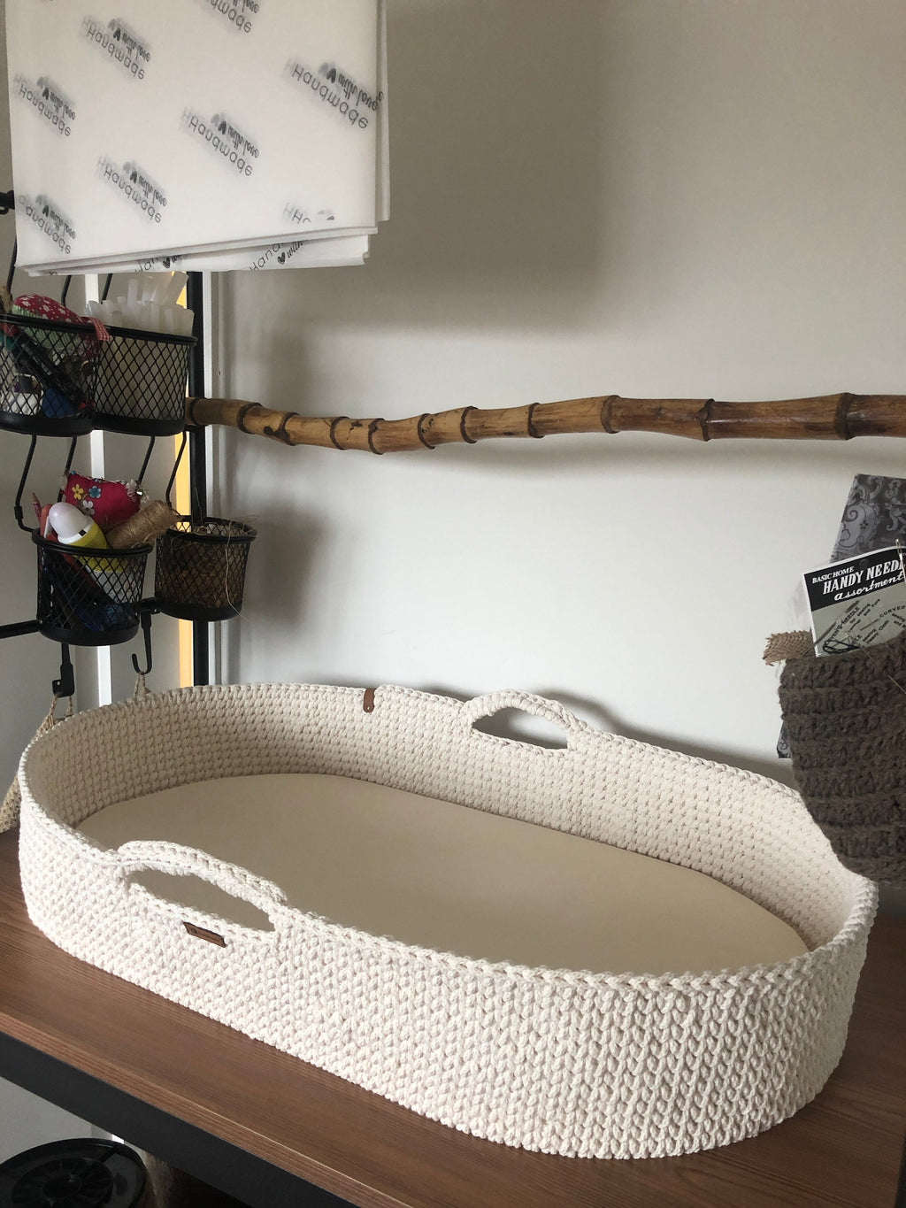 Baby Changing Basket; Wood Bottom and Cotton Frame; Change Pad; Baby Basket; Baby Shower Gift
