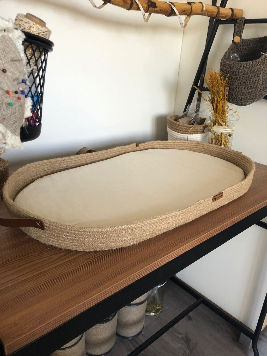 Baby Changing Basket with Pad; Changing Basket Handmade from Jute on Wood Bottom, Changing Pad, Baby Change Table, Optional Diaper Boxes