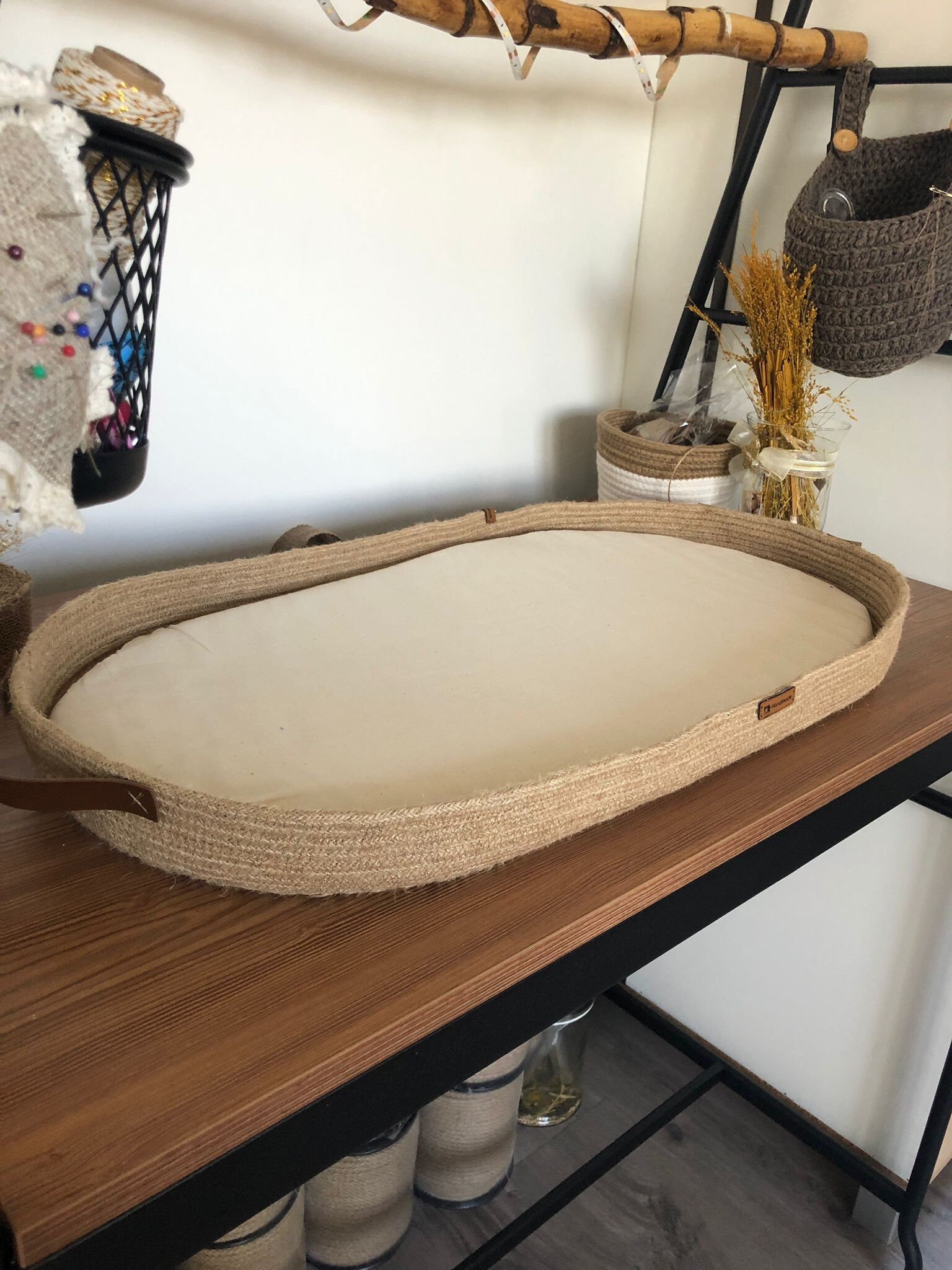 Baby Changing Basket with Pad; Changing Basket Handmade from Jute on Wood Bottom, Changing Pad, Baby Change Table, Optional Diaper Boxes