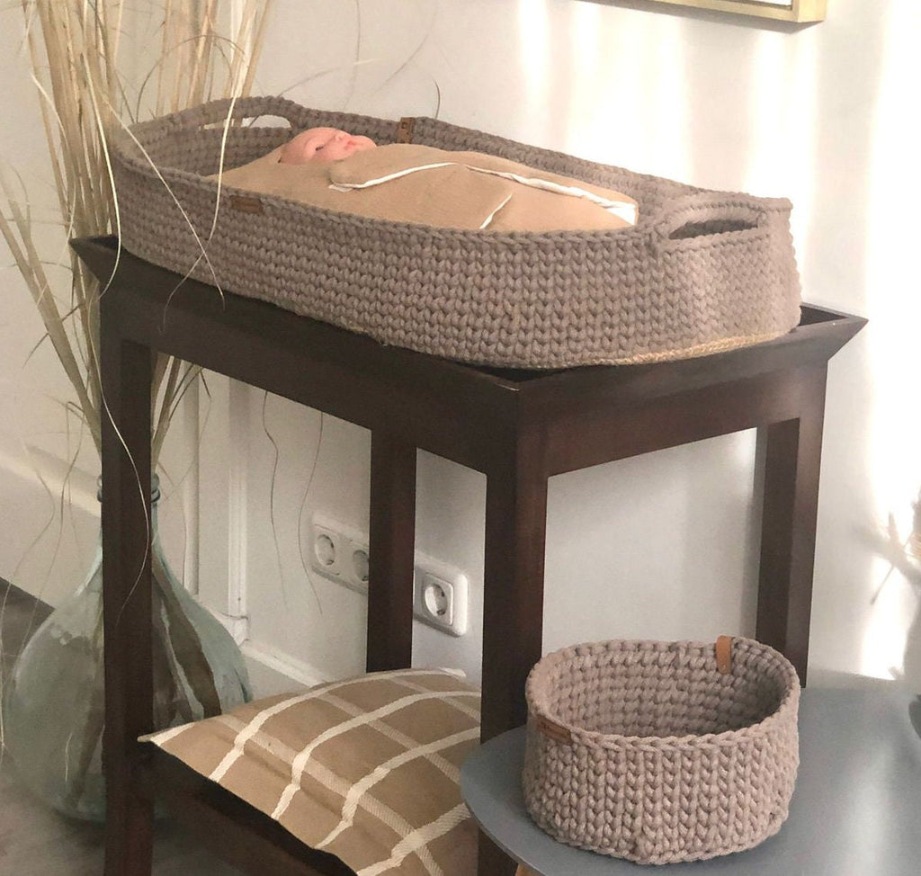 Baby Changing Basket with Pad Jute Bottom Cotton Framed, Changing Bassinet with Optional Diaper Storage Box, Changing Pad