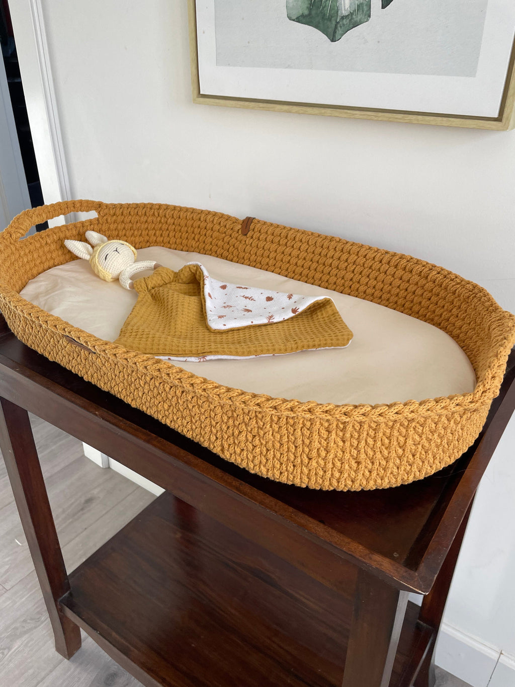 Baby Changing Basket with Pad Jute Bottom Cotton Framed, Changing Bassinet with Optional Diaper Storage Box, Changing Pad