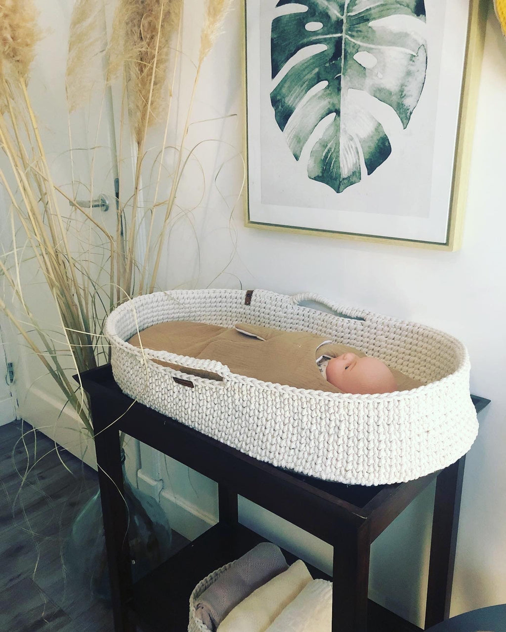 Baby Changing Basket with Pad Wood Bottom Cotton Framed, Changing Bassinet with Optional Diaper Storage Box, Changing Pad