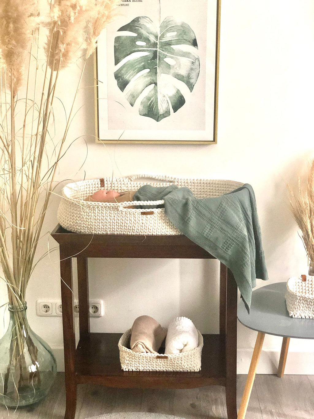 Baby Changing Basket with Pad Wood Bottom Cotton Framed, Changing Bassinet with Optional Diaper Storage Box, Changing Pad