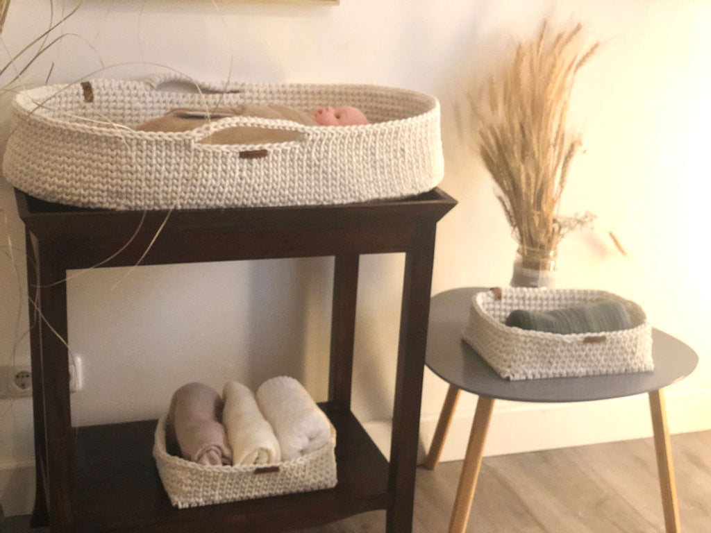 Baby Changing Basket with Pad Wood Bottom Cotton Framed, Changing Bassinet with Optional Diaper Storage Box, Changing Pad