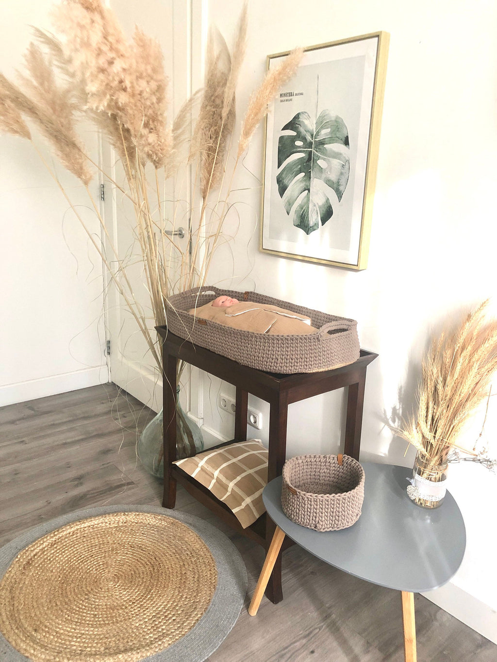 Baby Changing Basket with Pad Wood Bottom Cotton Framed, Changing Bassinet with Optional Diaper Storage Box, Changing Pad