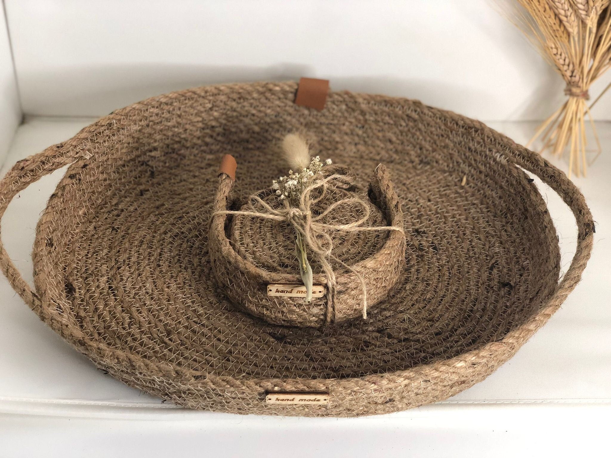 Christmas Gift; Jute Tray with 4 Coasters and Holder; Decoration Tray Handmade from Jute for Living room, Bathroom, Office or Kitchen