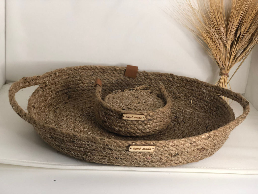 Christmas Gift; Jute Tray with 4 Coasters and Holder; Decoration Tray Handmade from Jute for Living room, Bathroom, Office or Kitchen