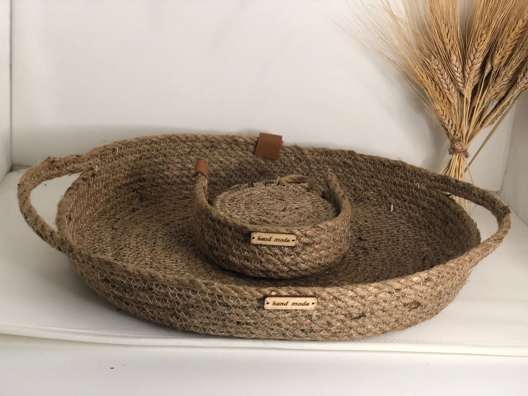 Christmas Gift; Jute Tray with 4 Coasters and Holder; Decoration Tray Handmade from Jute for Living room, Bathroom, Office or Kitchen
