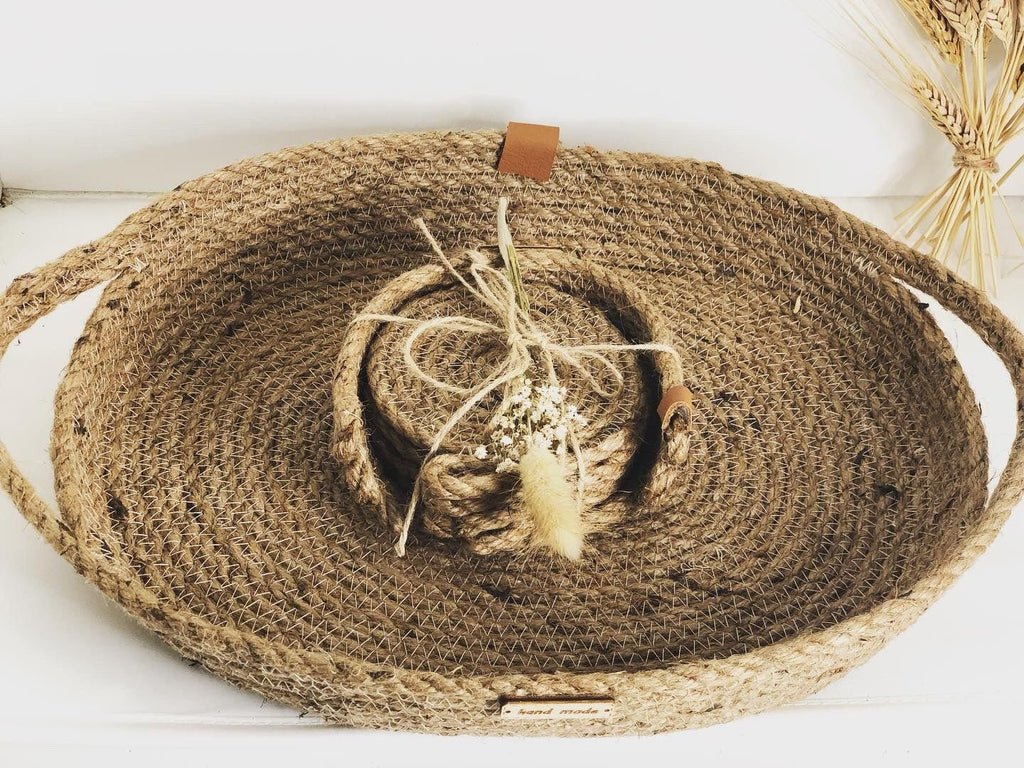 Christmas Gift; Jute Tray with 4 Coasters and Holder; Decoration Tray Handmade from Jute for Living room, Bathroom, Office or Kitchen