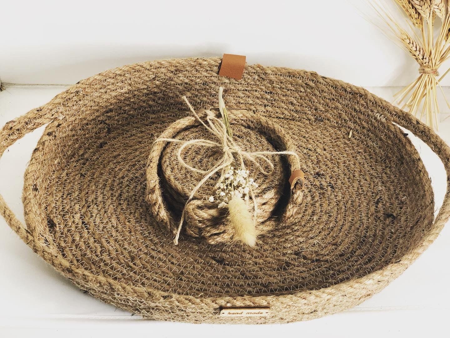 Christmas Gift; Jute Tray with 4 Coasters and Holder; Decoration Tray Handmade from Jute for Living room, Bathroom, Office or Kitchen