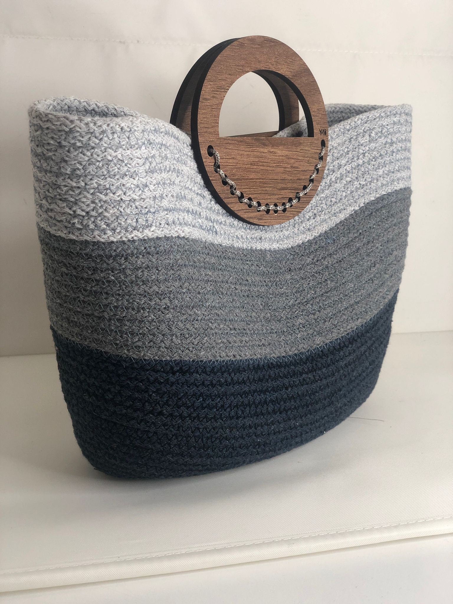 Cotton Rope Tote Bag with Wooden Handle; Multi Color Tote Bag; Wood Handle Purse, Summer Beach Bag; Handmade Handbag; Chic Travel Bag