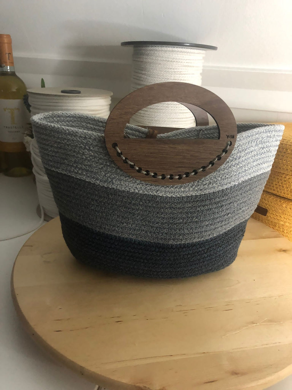 Cotton Rope Tote Bag with Wooden Handle; Multi Color Tote Bag; Wood Handle Purse, Summer Beach Bag; Handmade Handbag; Chic Travel Bag