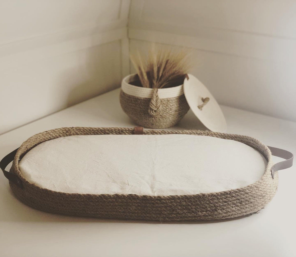 Fancy Changing Basket Handmade from Jute, Changing Pad, Optional Diaper Storage Boxes, Baby Nest