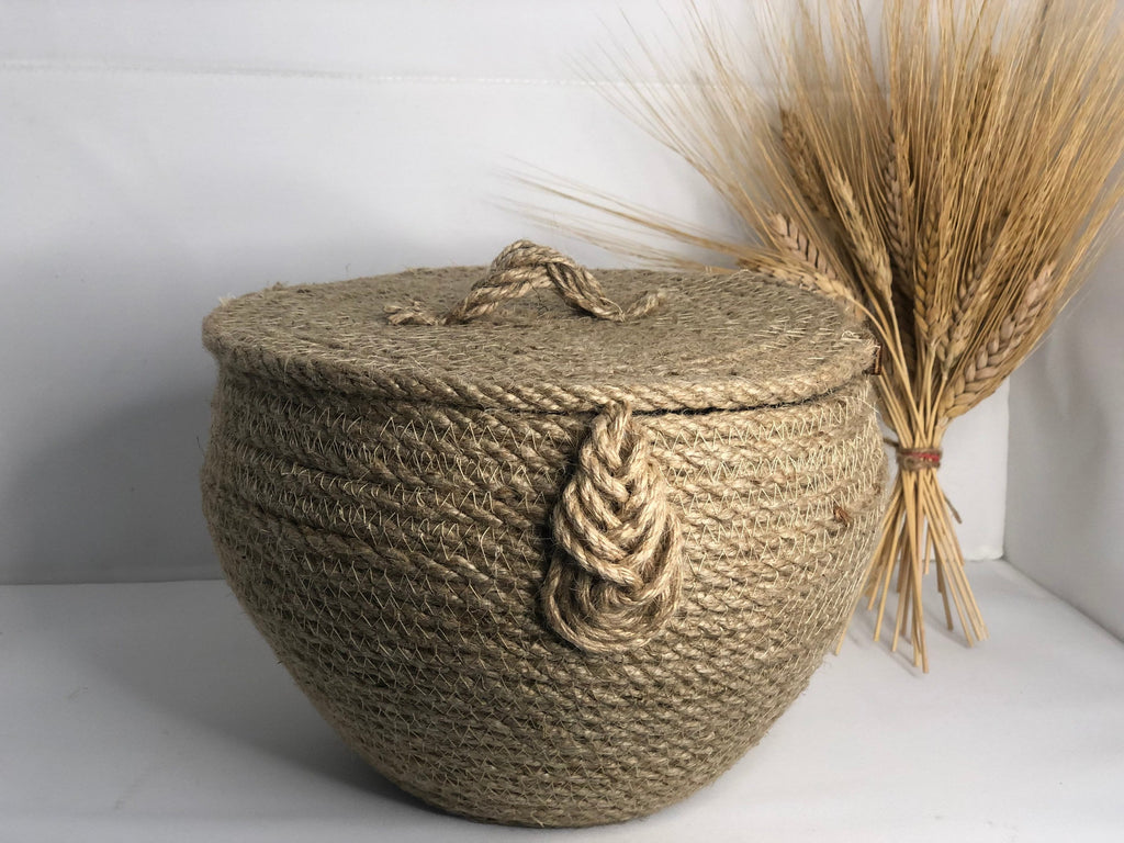 Handmade Jute Storage Basket; Kitchen Basket; Kitchen Storage; Decoration Object for Bedroom, Kitchen or Baby Room; Round Jute Giftbox