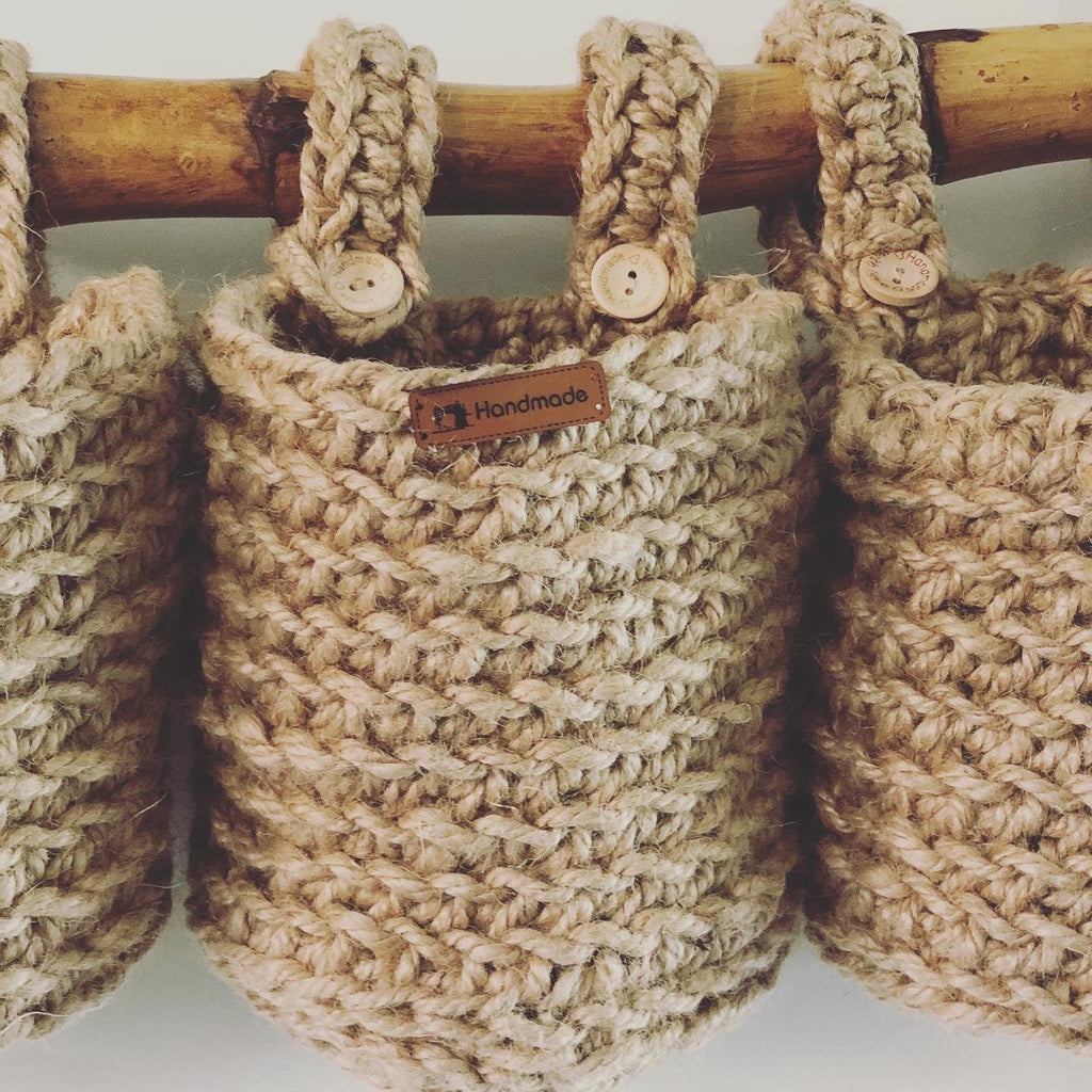 Hanging Basket Set of 2 pieces Made of Jute Rope; Baby Shower or Mother's Day Gift; Decoration Object for Bathroom and Kitchen
