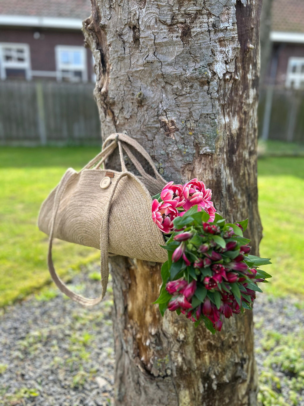 Jute Flower Bag, Mother's Day Gift, BOHO Housewarming Gift, Flower Carry Bag, Harvest Basket, Handmade Vegetable Basket, Country Bag