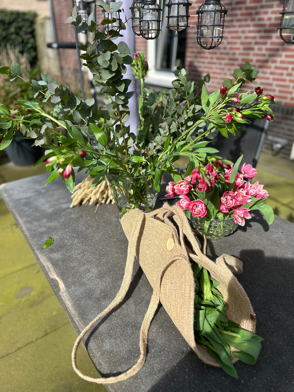 Jute Flower Bag, Mother's Day Gift, BOHO Housewarming Gift, Flower Carry Bag, Harvest Basket, Handmade Vegetable Basket, Country Bag