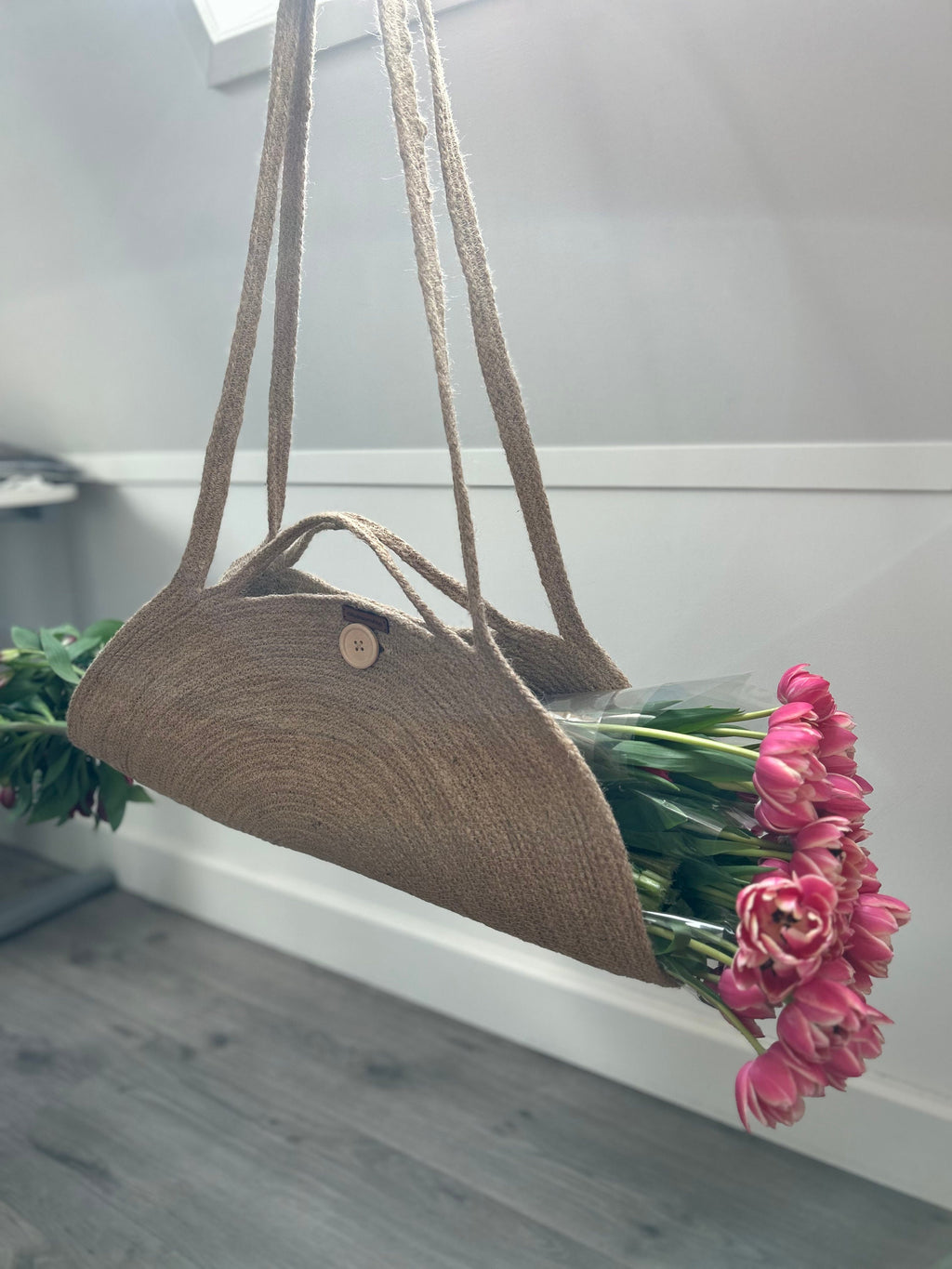 Jute Flower Bag, Mother's Day Gift, BOHO Housewarming Gift, Flower Carry Bag, Harvest Basket, Handmade Vegetable Basket, Country Bag