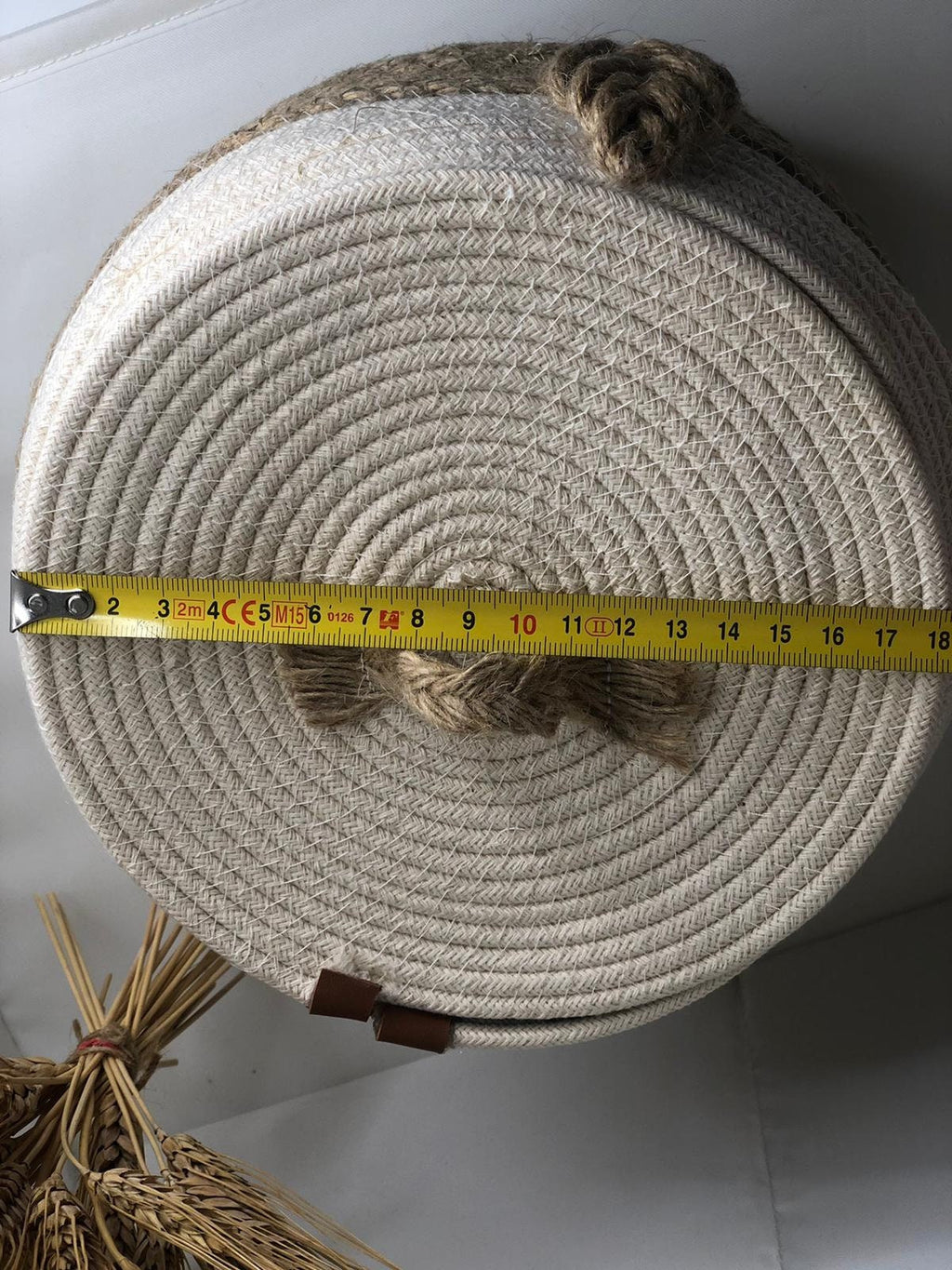 Jute and cotton storage basket for bedroom, kitchen or baby room; round jute gift box