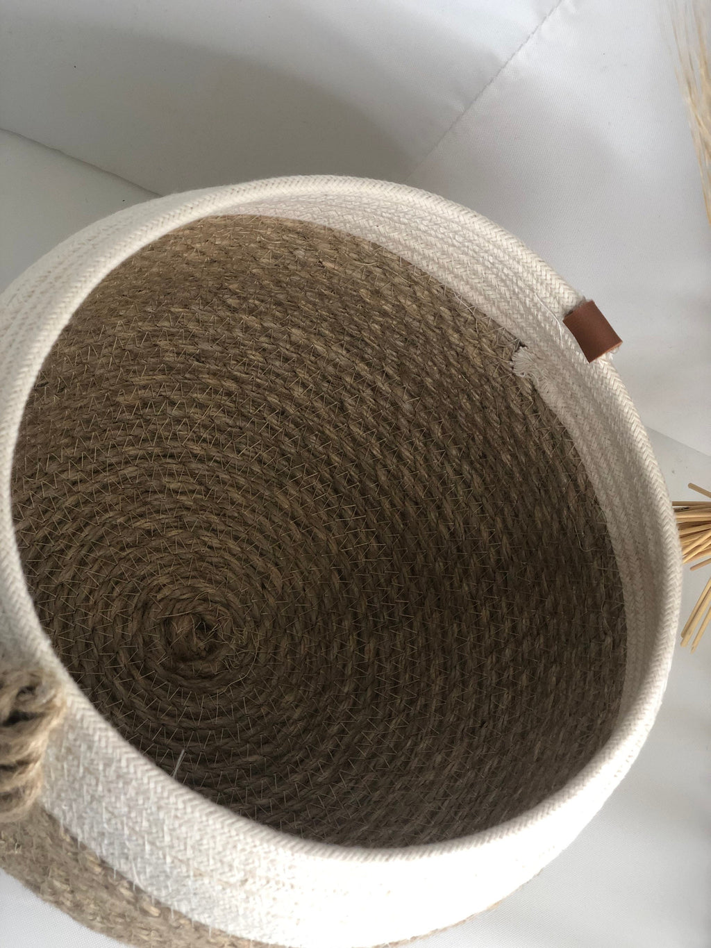 Jute and cotton storage basket for bedroom, kitchen or baby room; round jute gift box
