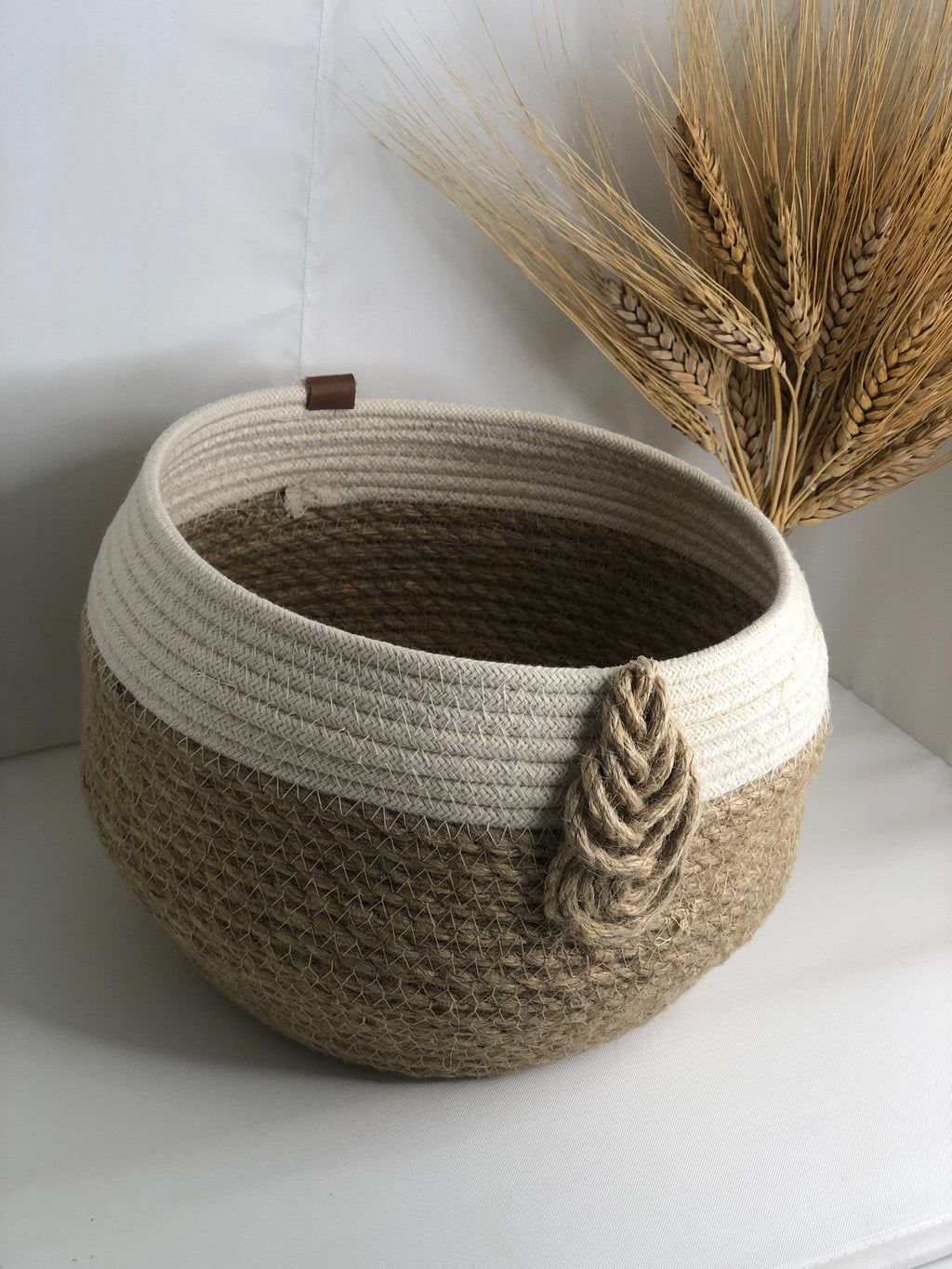 Jute and cotton storage basket for bedroom, kitchen or baby room; round jute gift box