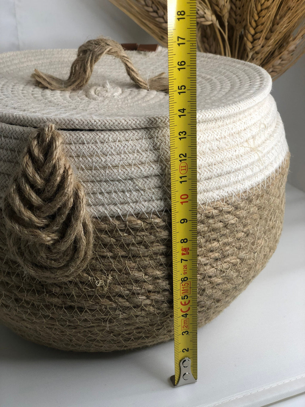 Jute and cotton storage basket for bedroom, kitchen or baby room; round jute gift box
