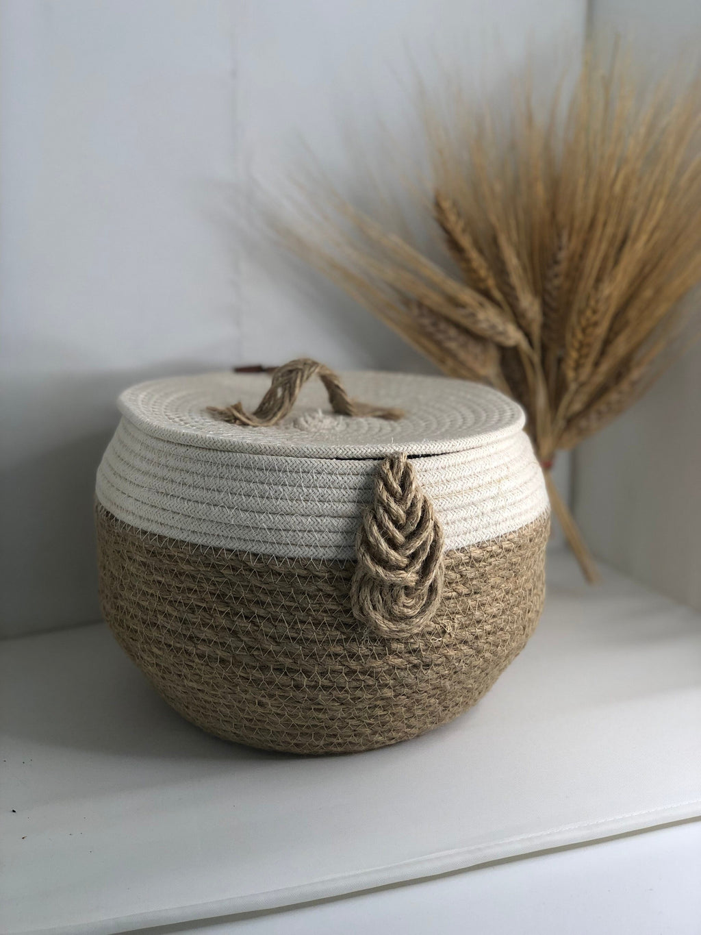 Jute and cotton storage basket for bedroom, kitchen or baby room; round jute gift box
