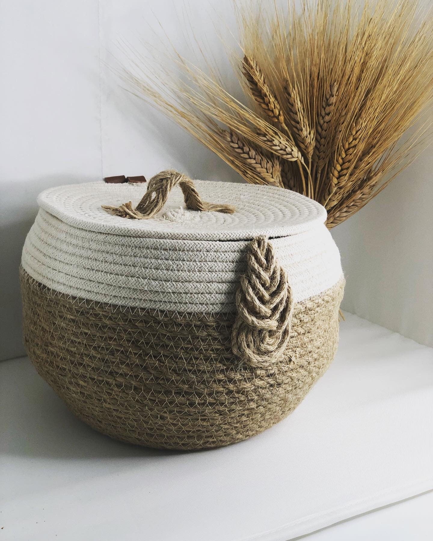 Jute and cotton storage basket for bedroom, kitchen or baby room; round jute gift box