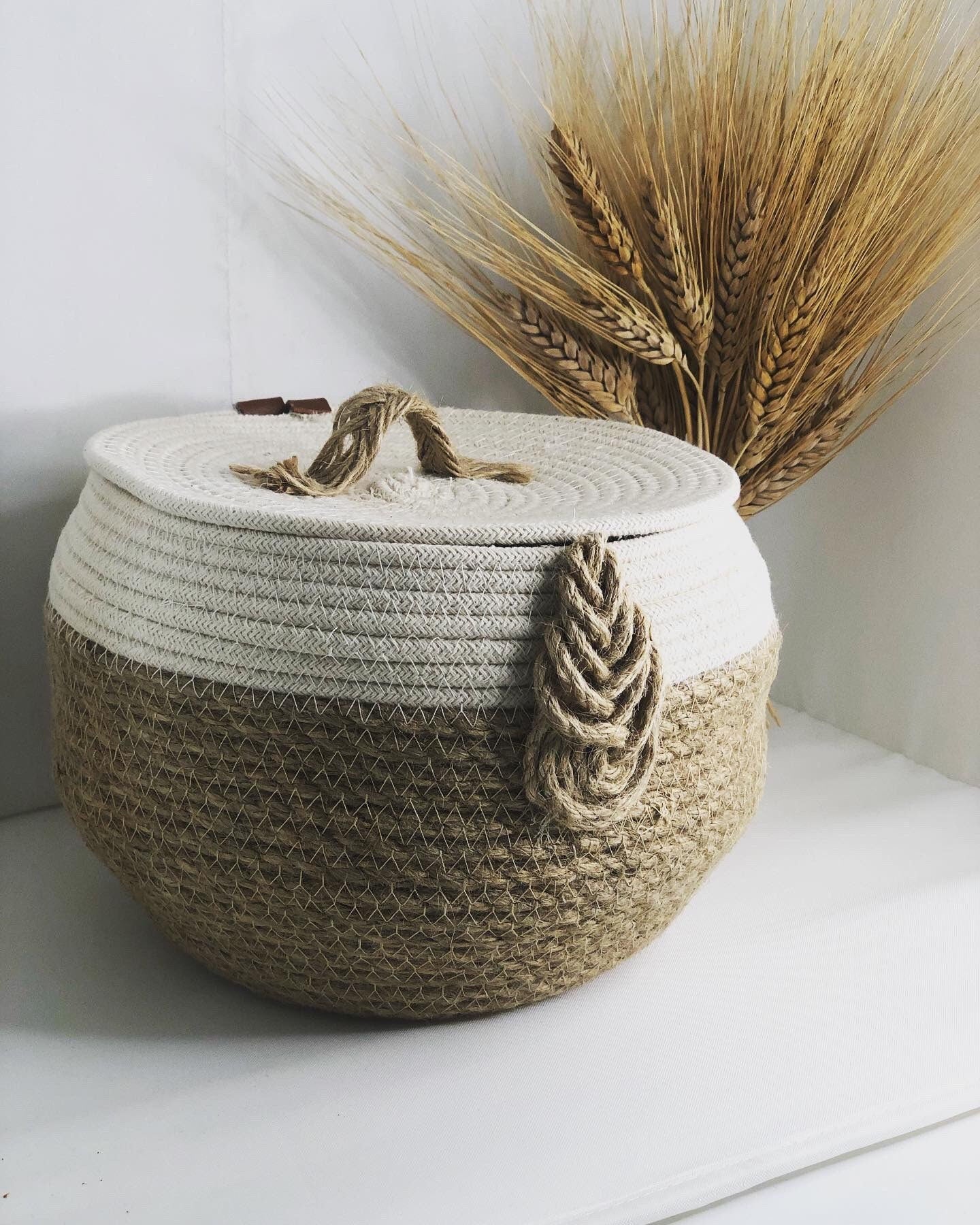 Jute and cotton storage basket for bedroom, kitchen or baby room; round jute gift box