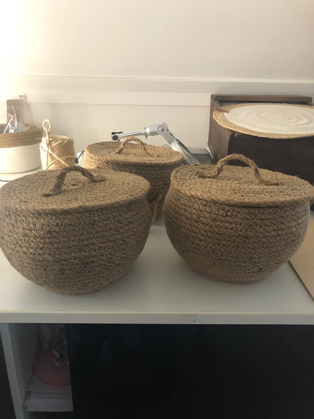 Jute and cotton storage basket for bedroom, kitchen or baby room; round jute gift box