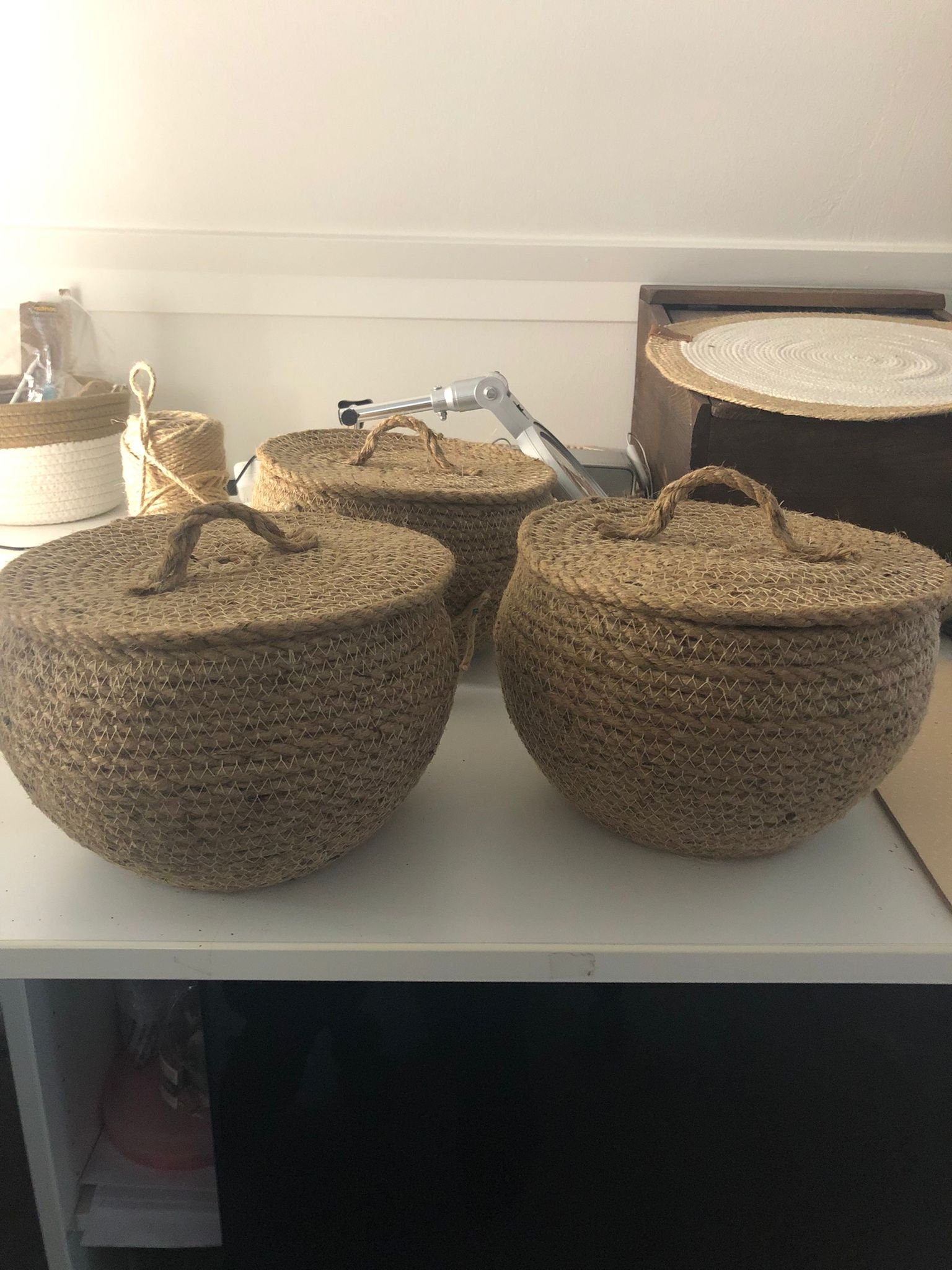 Jute and cotton storage basket for bedroom, kitchen or baby room; round jute gift box
